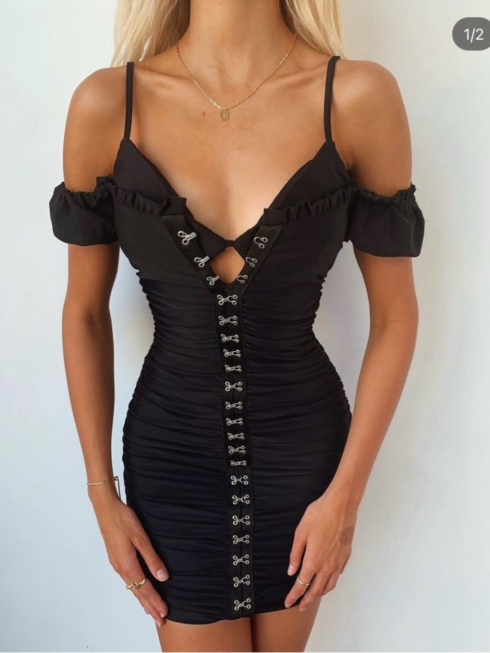 Tiger Mist Black Ruched Cold-Shoulder Hook-Front Mini Dress